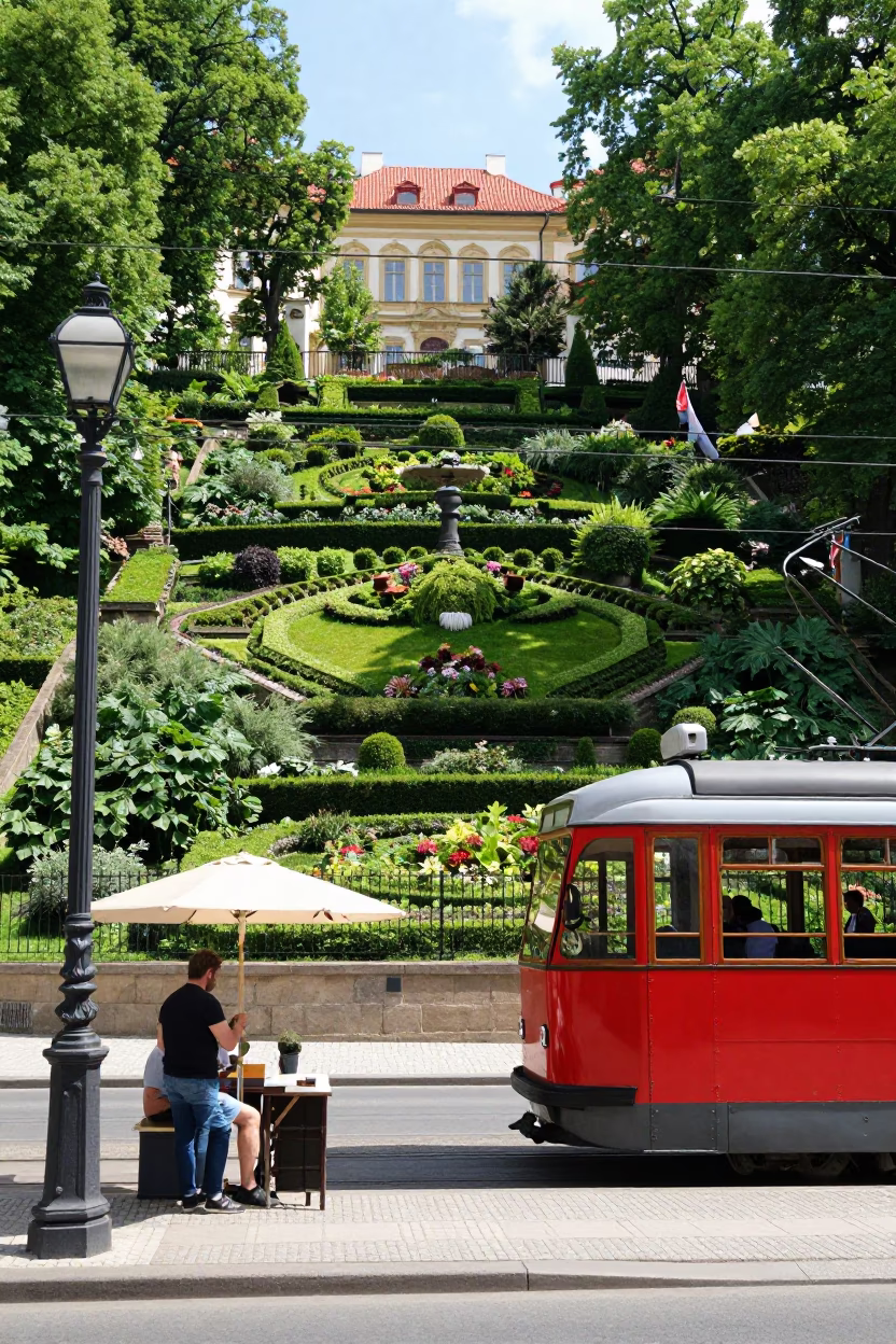 Candid Prague Street Scene with Red Funicular and Green Pumps in in Prague, Czech Republic
