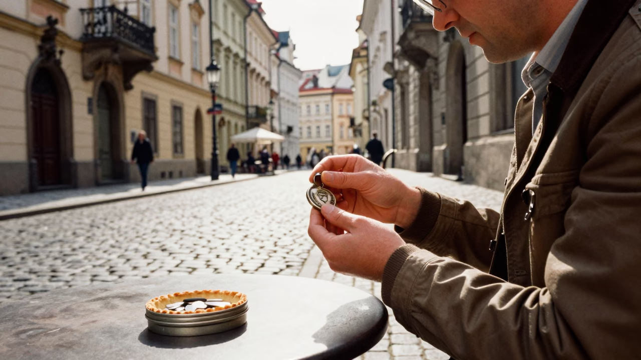 Candid Prague Street Scene with Vintage Tart Tin and Local Dining Atmosphere in in Prague, Czech Republic