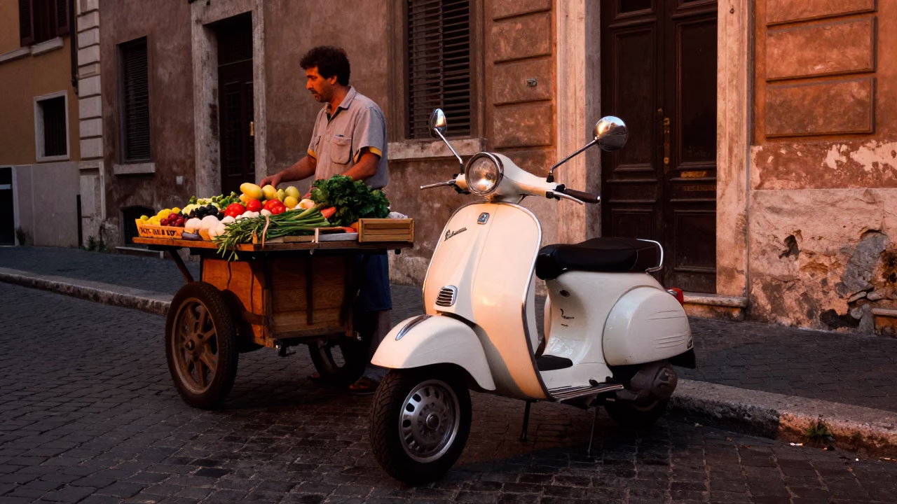 Candid Roman Street Scene with Vintage Vespa and Local Vendor in Dusk Light in in Rome, Italy