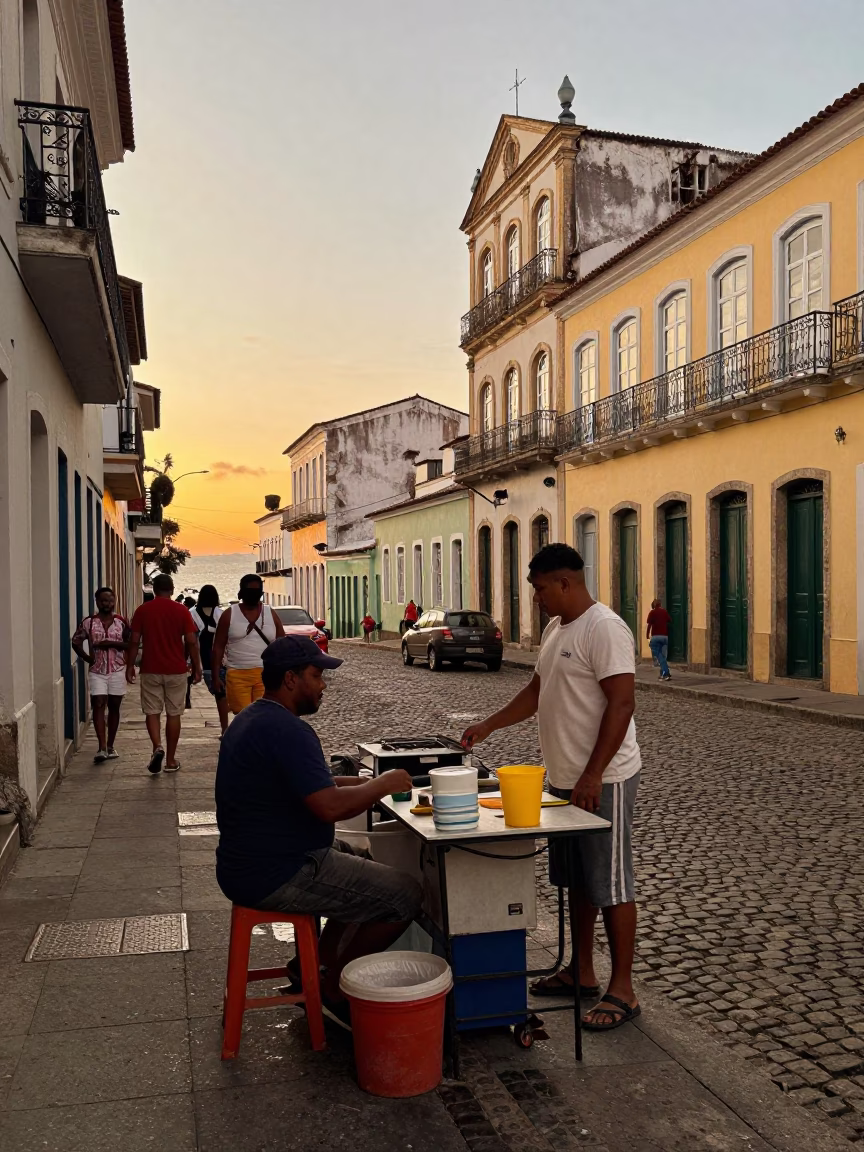 Candid Salvador Brazil Evening Street Scene with Local Vendor and Traditional Elements in in Salvador, Brazil