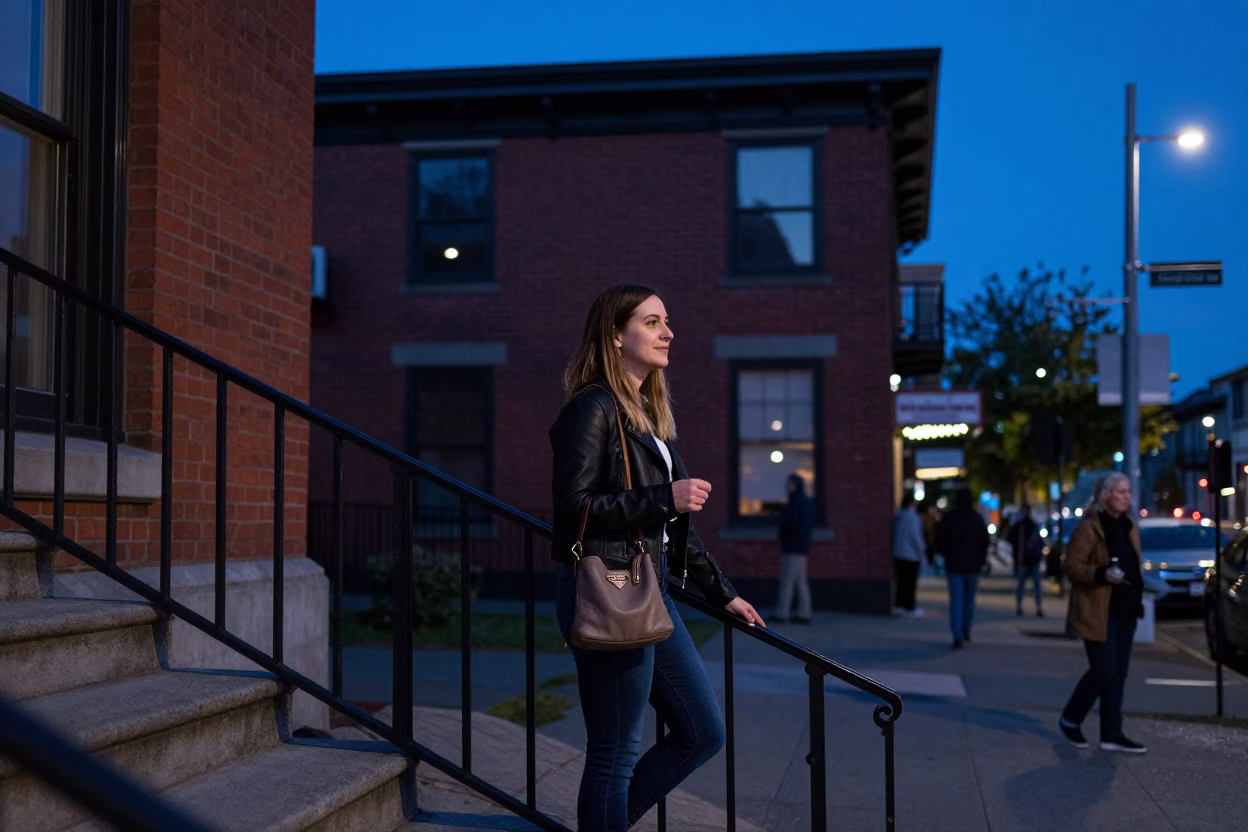 Candid Seattle Evening Portrait with Stair Rail and Local Details in in Seattle, Washington, United States