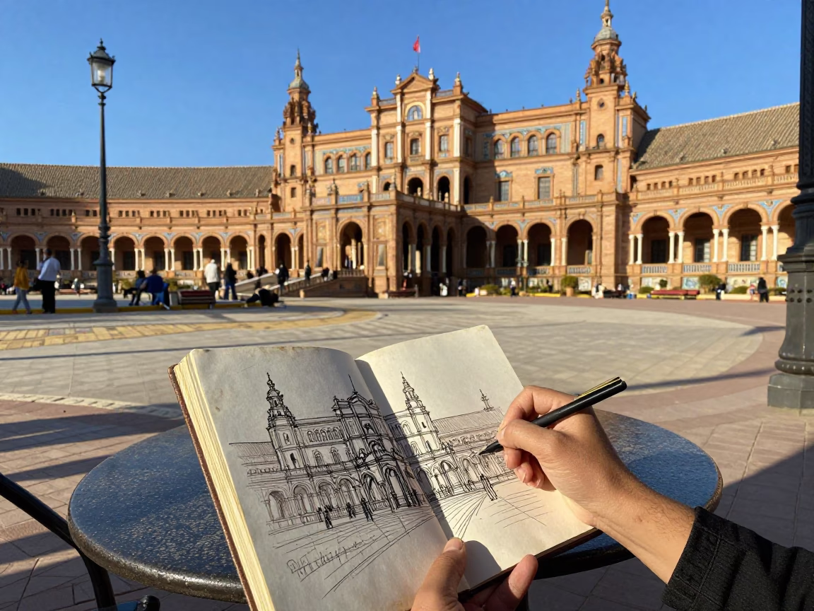 Candid Seville Street Scene Early Afternoon with Sketchbook and Glass of Champagne in in Seville, Spain