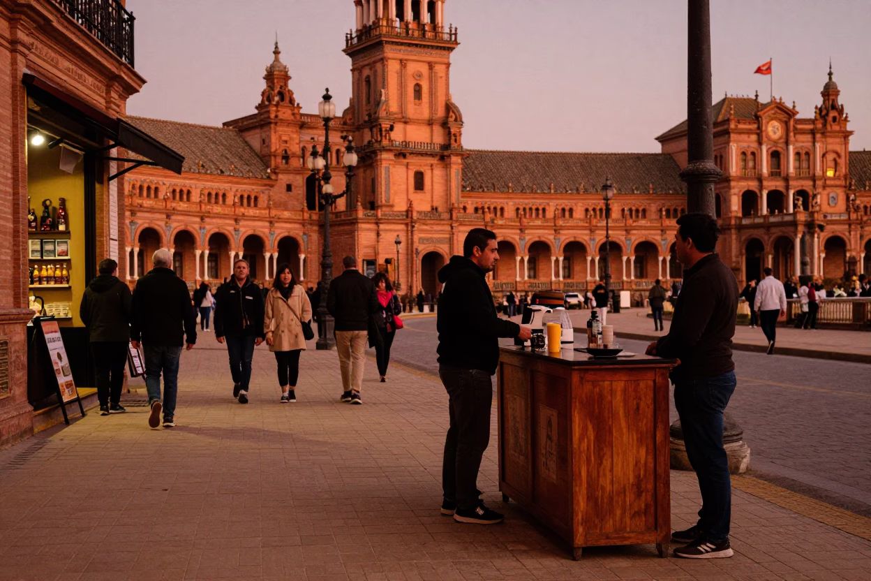 Candid Seville Street Scene in Copper Dusk Light with Local Market Details in in Seville, Spain