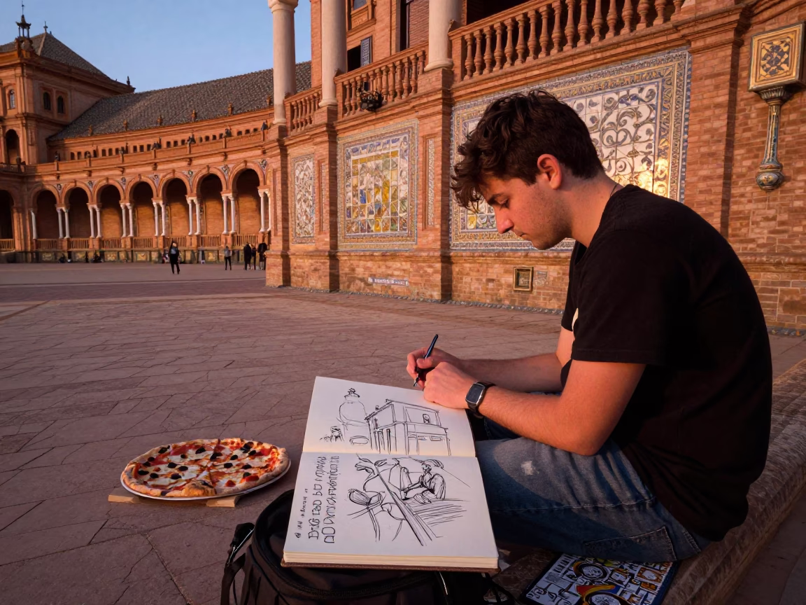 Candid Seville Street Scene with Sketchbook and Pizza in Copper Dusk Light in in Seville, Spain