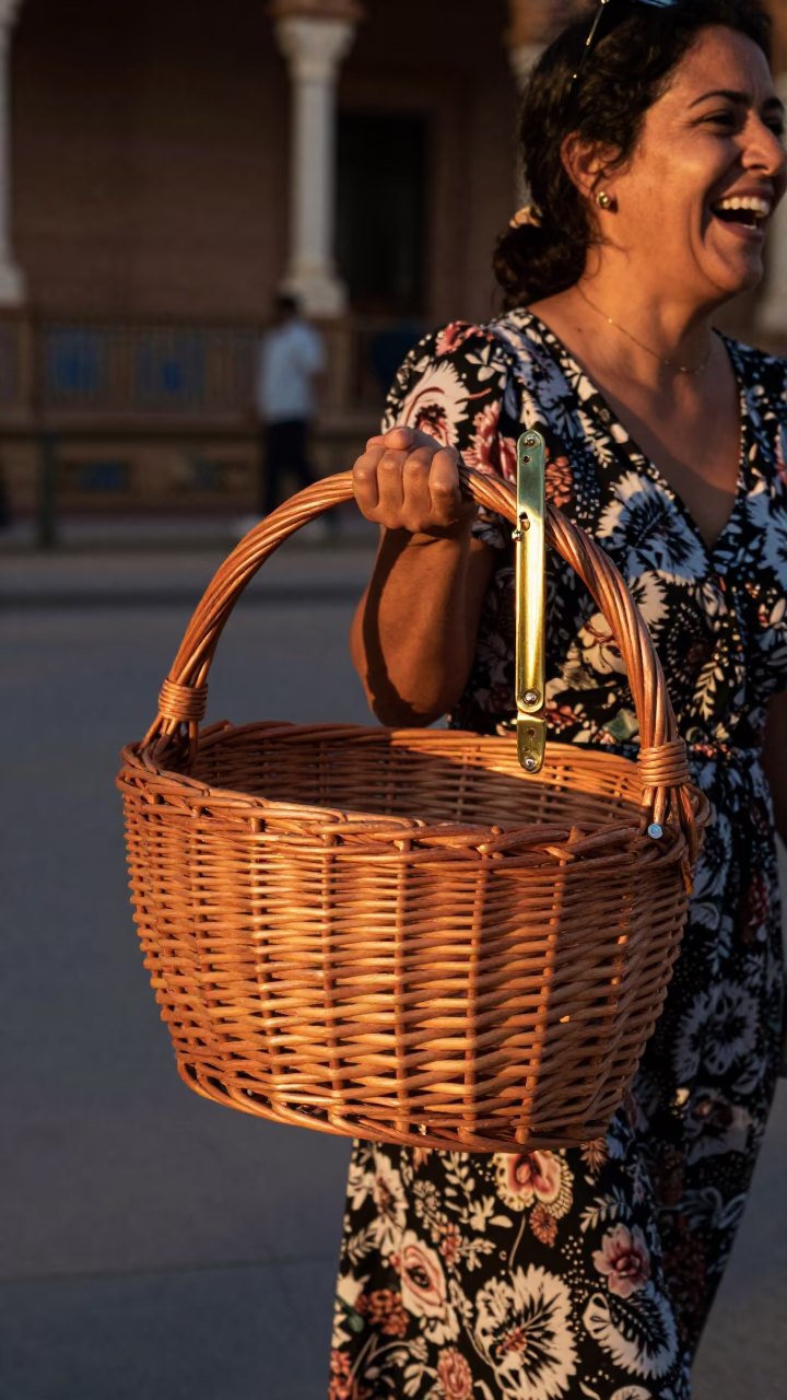 Candid Seville street scene with wicker basket and brass hinge in copper dusk light in in Seville, Spain