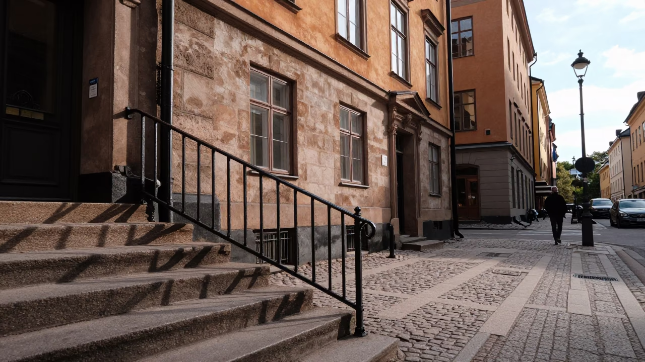 Candid Stockholm Late Morning Street Scene with Stair Rail and Urban Life in in Stockholm, Sweden