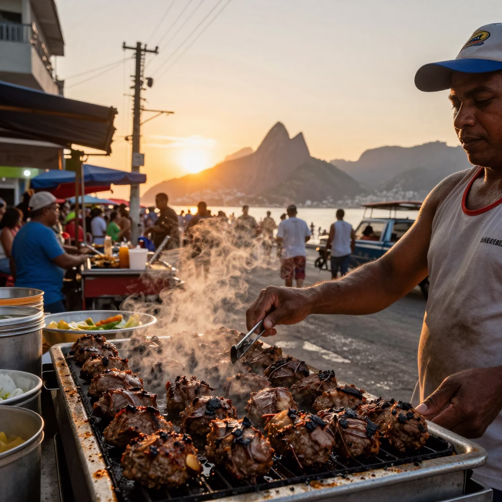Candid street food moment in Rio de Janeiro Brazil with grilled kofte and condensation in in Rio de Janeiro, Brazil