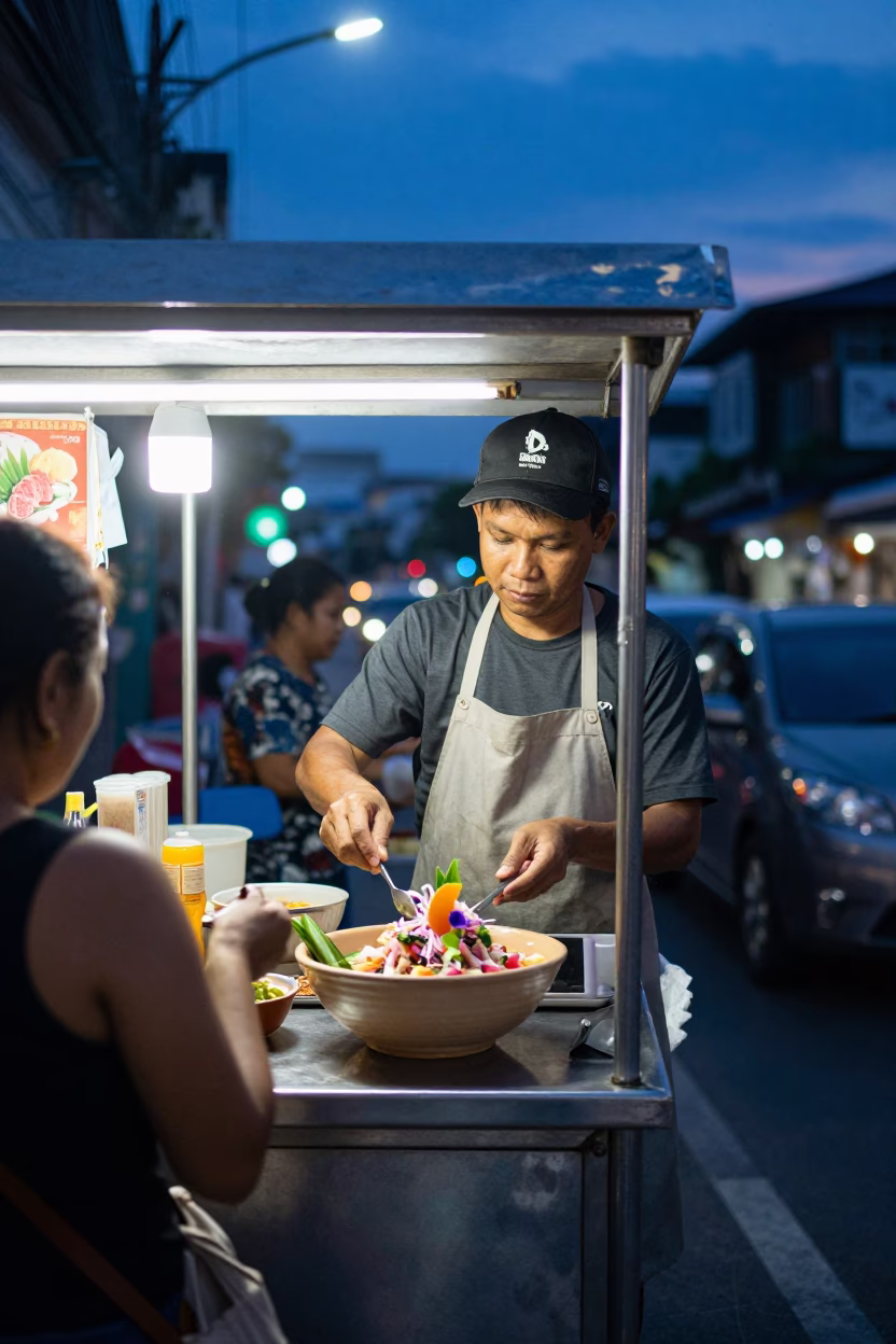 Candid Street Food Scene in Bangkok Thailand During Indigo Twilight in in Bangkok, Thailand