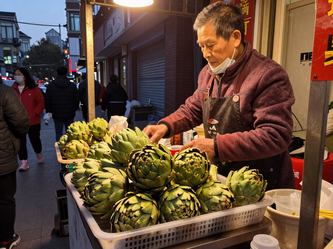 Candid Street Food Scene in Shanghai Before Dusk with Artichokes and Local Interaction in in Shanghai, China