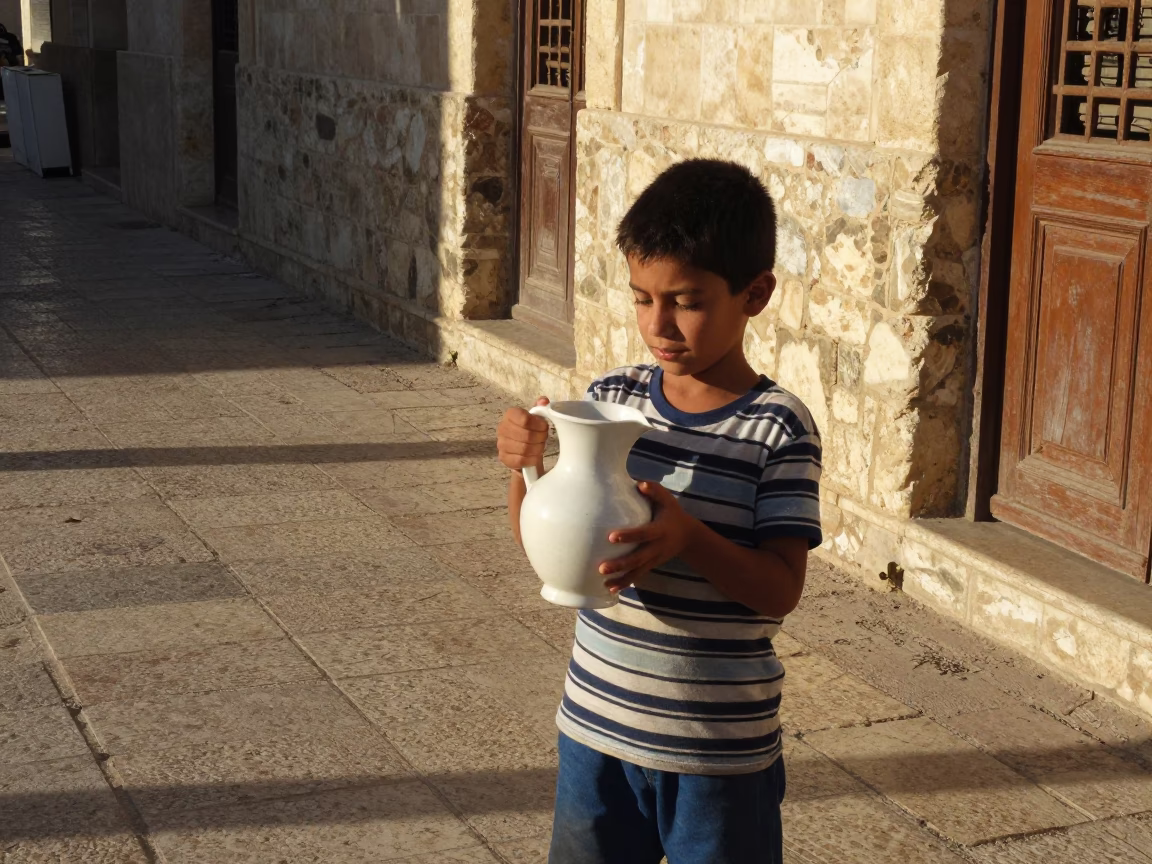 Candid Street Moment in Alexandria Egypt Late Afternoon Light with Ceramic Pitcher in in Alexandria, Egypt