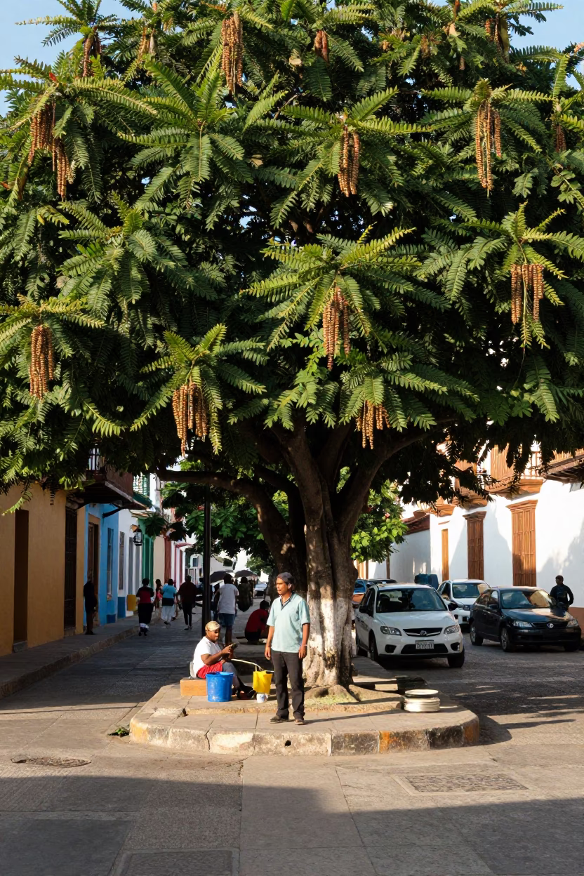 Candid Street Moment in Cartagena Colombia Late Morning with Tamarind Tree and Local Vendor in in Cartagena, Colombia