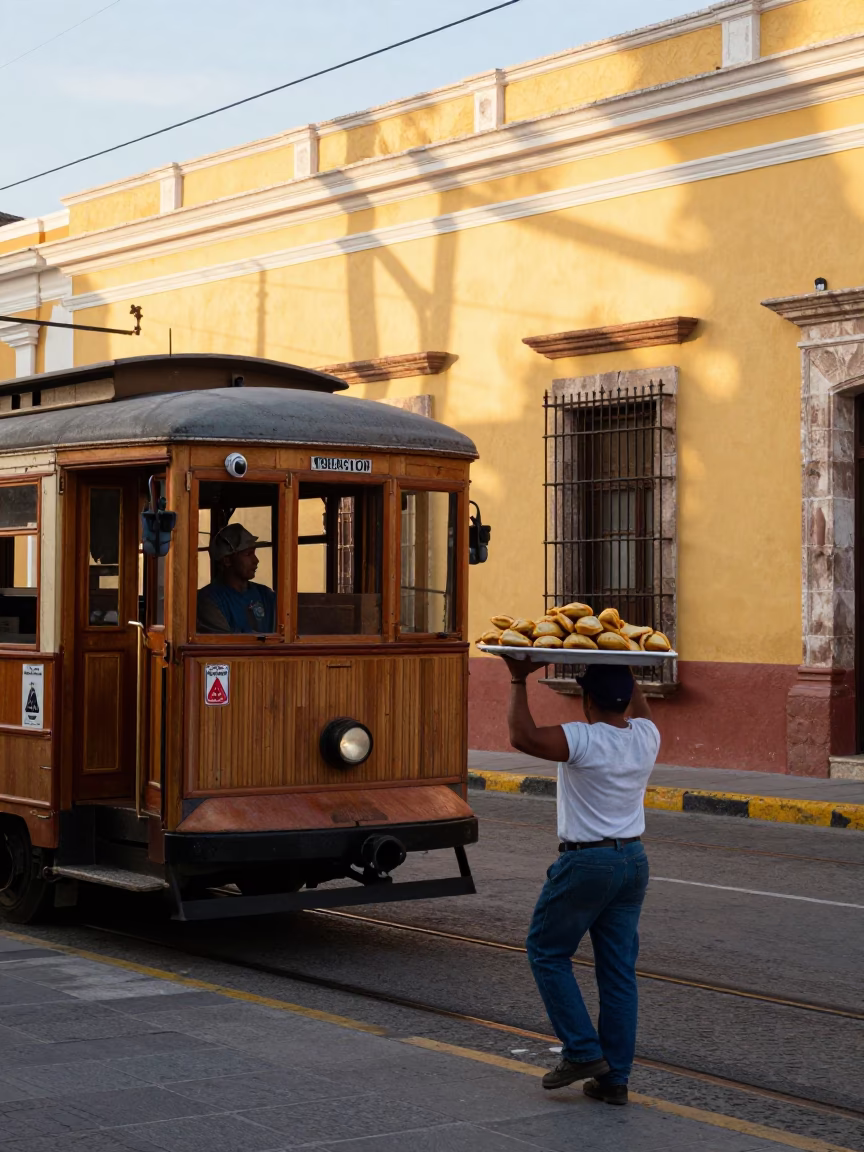 Candid Street Moment in Merida Mexico with Old Trolley and Local Market Goods in in Merida, Mexico