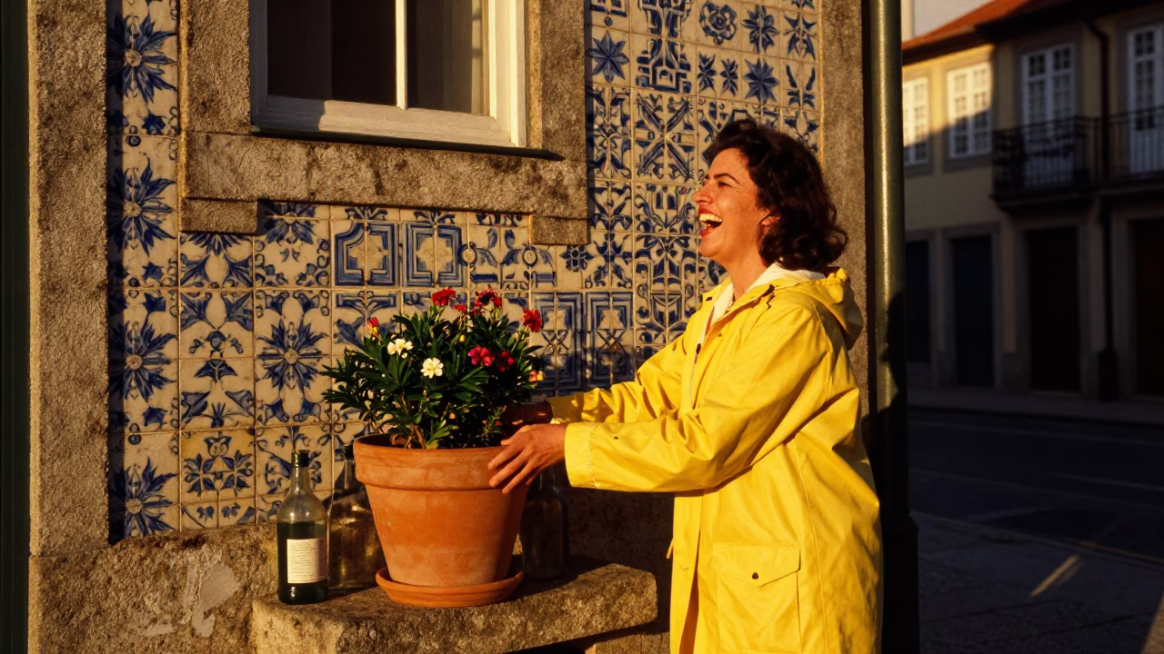 Candid Street Moment in Porto Portugal Golden Hour with Flowerpot and Glass Bottles in in Porto, Portugal