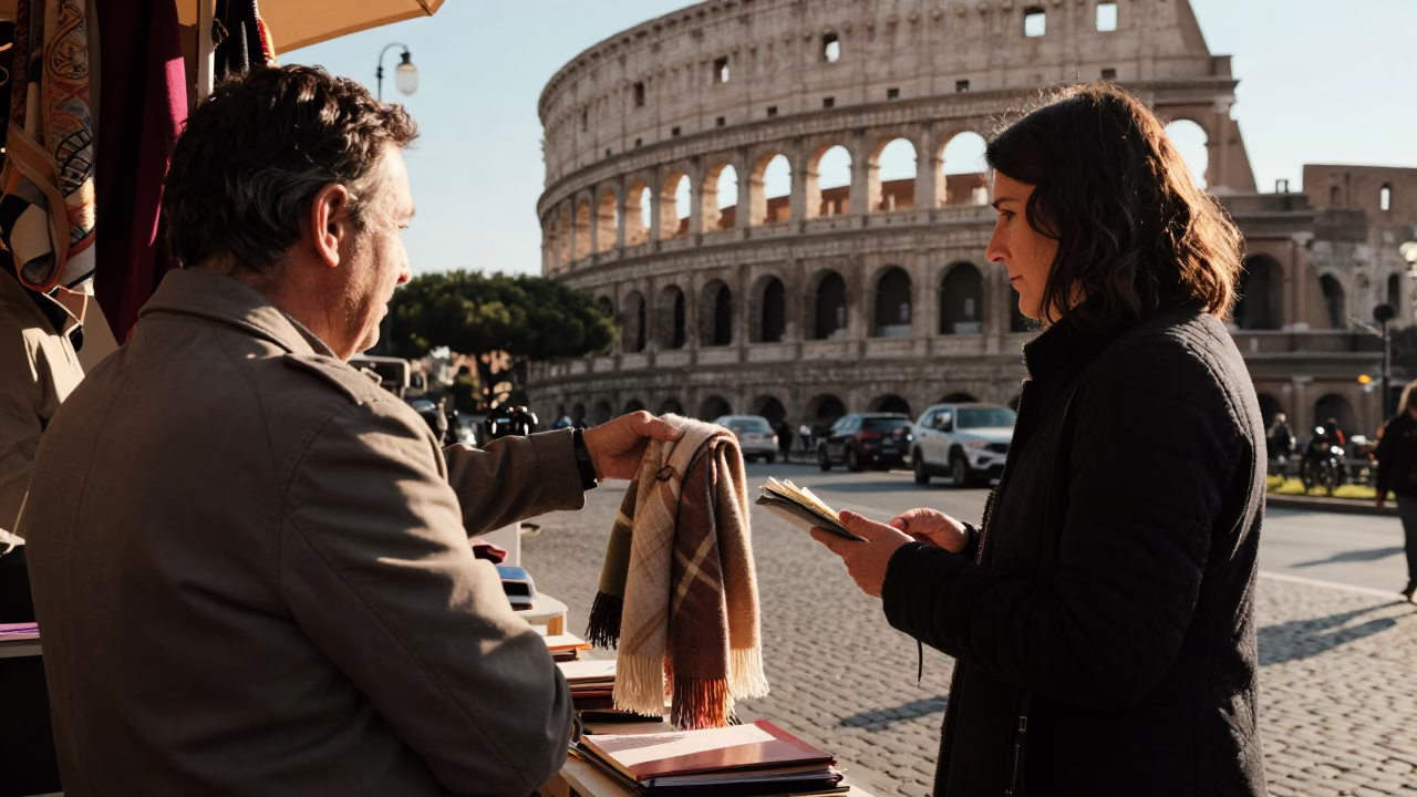 Candid Street Moment in Rome Italy Late Afternoon Light with Notebook and Scarves in in Rome, Italy