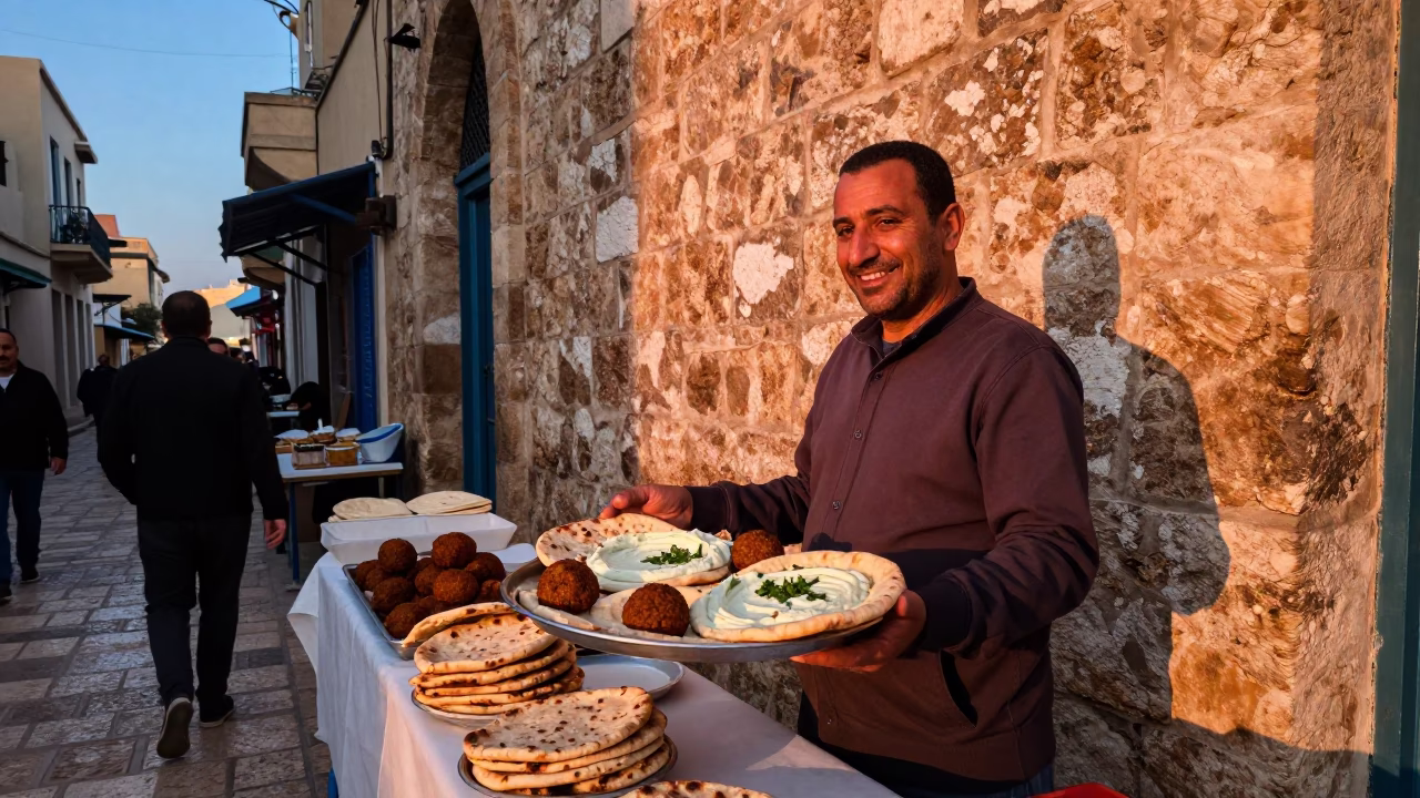 Candid Street Moment in Tunis Tunisia Before Dusk with Local Food and Traditional Architecture in in Tunis, Tunisia