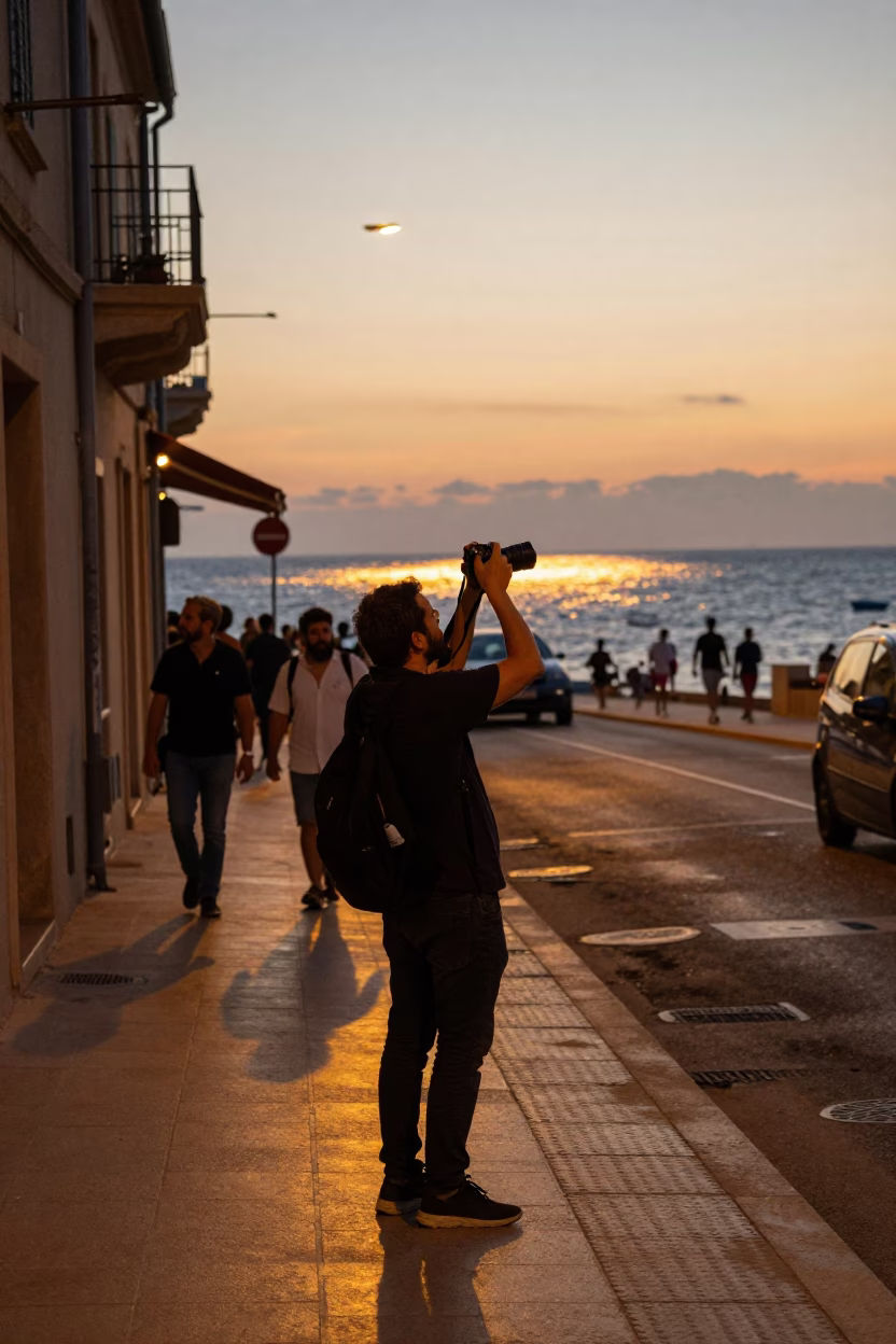 Candid Street Photography in Nice France Evening Light with Camera and Crowd in in Nice, France