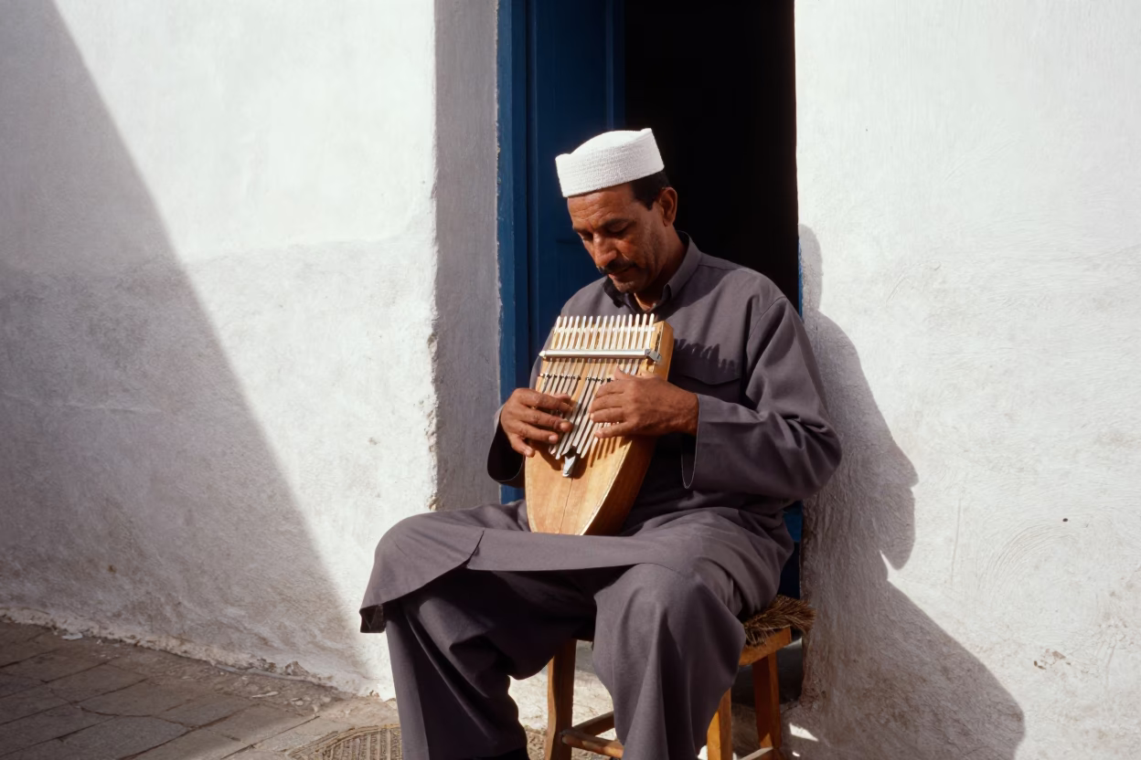 Candid Street Portrait of Local Artisan Playing Kalimba in Essaouira Morocco Afternoon Light in in Essaouira, Morocco