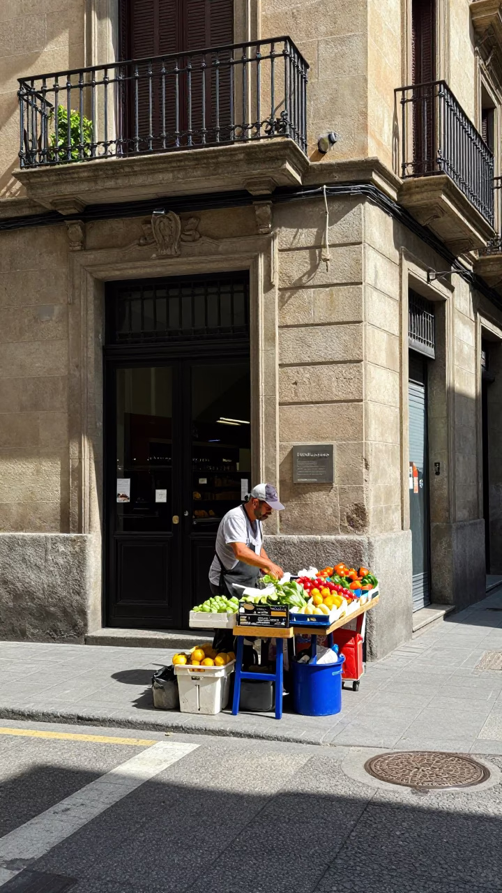 Candid Street Scene in Barcelona Spain Bright Midmorning Light with Local Details in in Barcelona, Spain