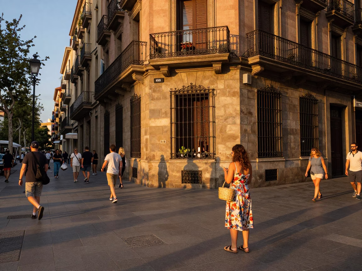 Candid Street Scene in Barcelona Spain Evening Light with Local Activity in in Barcelona, Spain