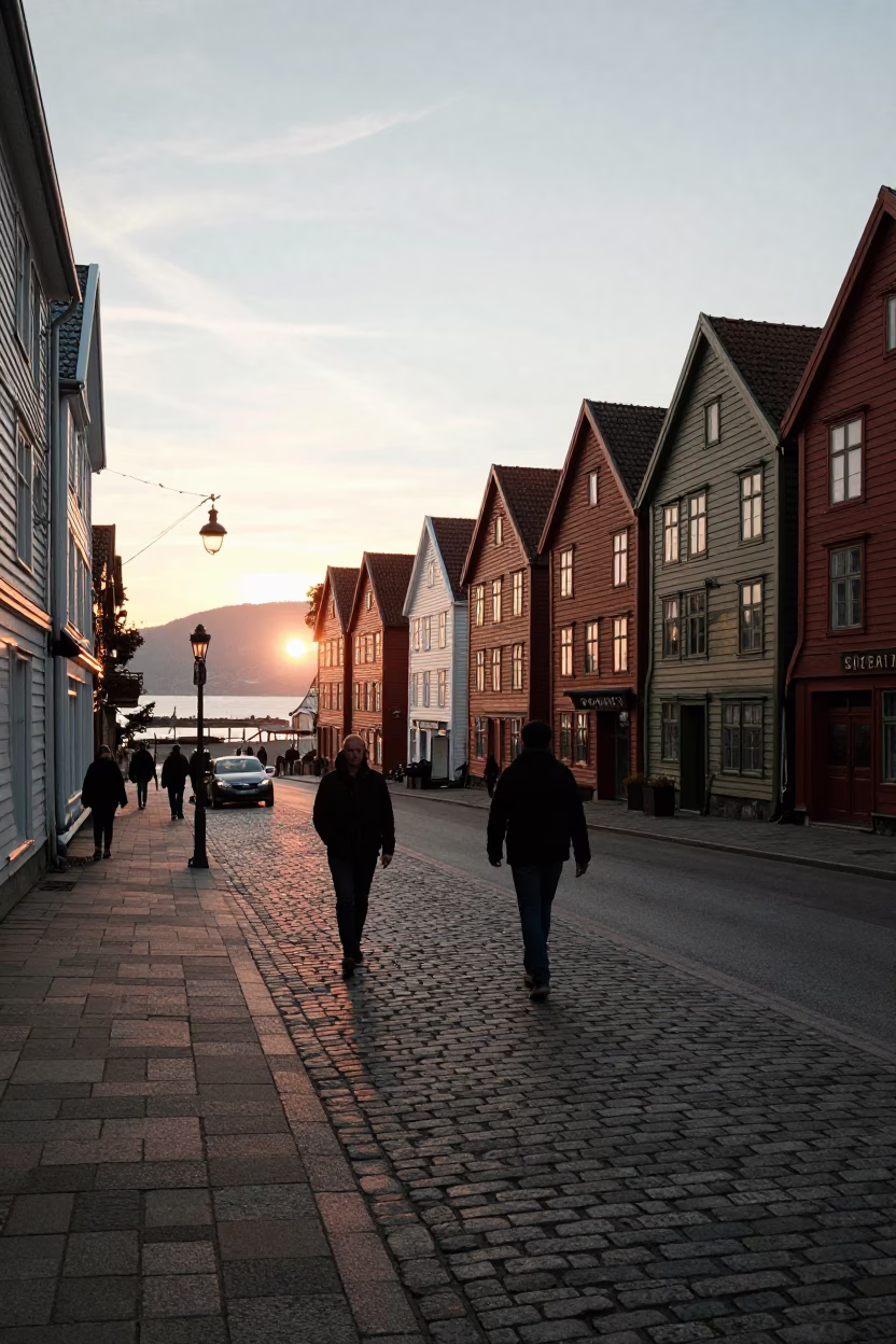 Candid street scene in Bergen Norway at sunset with local architecture and evening light in in Bergen, Norway