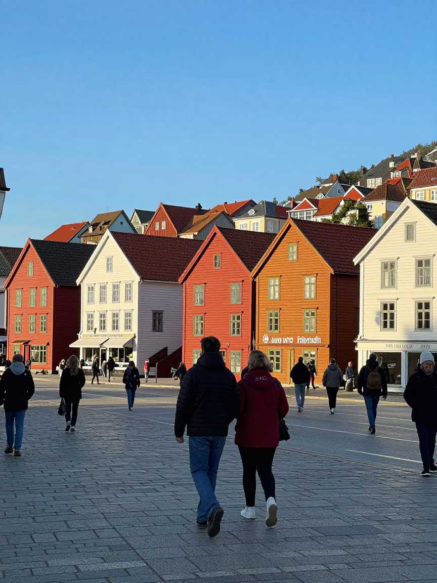 Candid Street Scene in Bergen Norway Late Afternoon Light with Local Elements in in Bergen, Norway