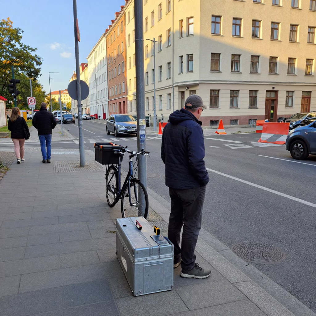 Candid Street Scene in Berlin Germany Early Afternoon with Toolbox and Urban Details in in Berlin, Germany