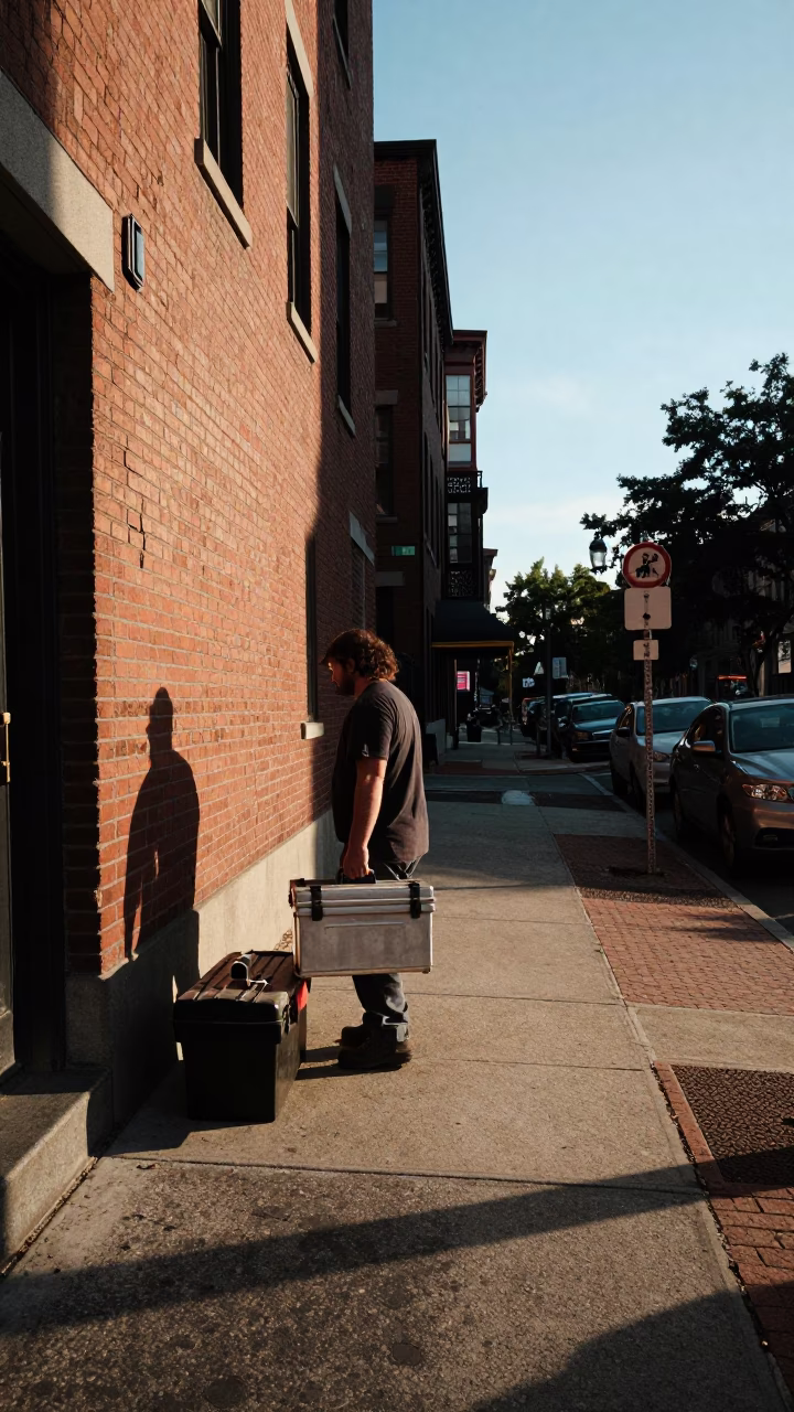 Candid Street Scene in Boston Massachusetts Late Afternoon Light with Toolbox and Urban Details in in Boston, Massachusetts, United States