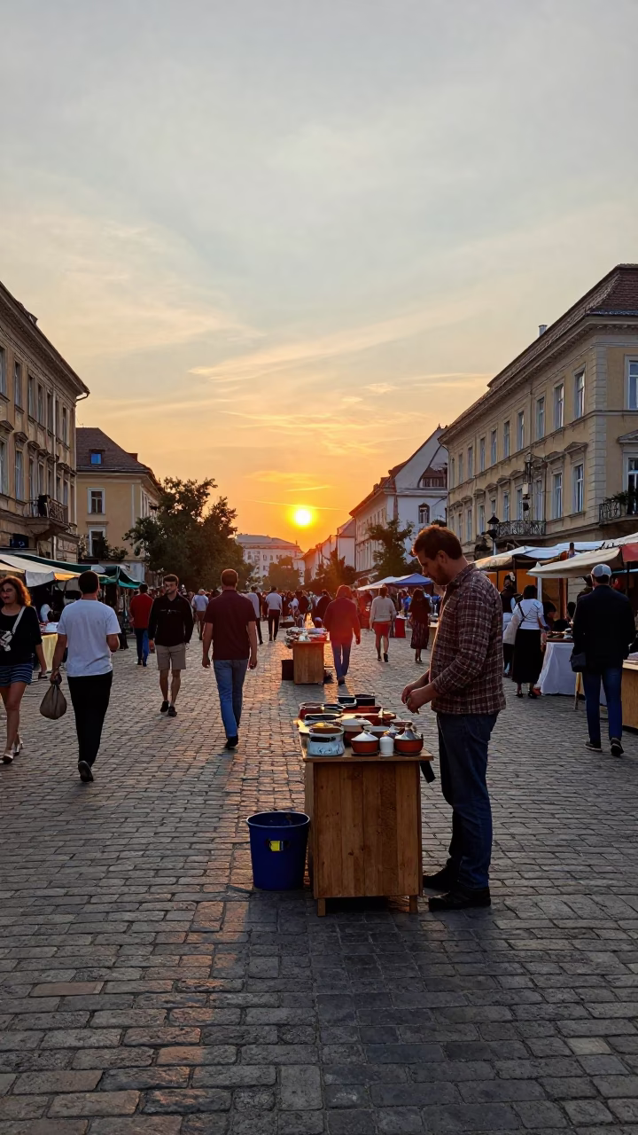 Candid Street Scene in Budapest Hungary at Sunset with Vintage 1980s Aesthetic in in Budapest, Hungary