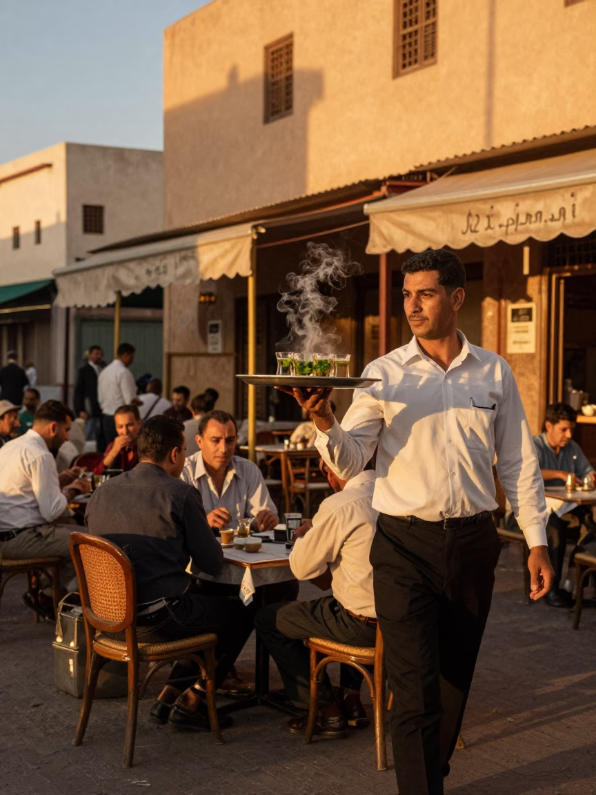 Candid street scene in Casablanca Morocco at dusk with vintage 1950s aesthetic in in Casablanca, Morocco