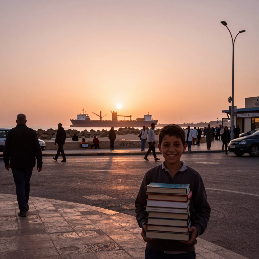 Candid street scene in Casablanca Morocco with cargo ship horizon before dusk in in Casablanca, Morocco