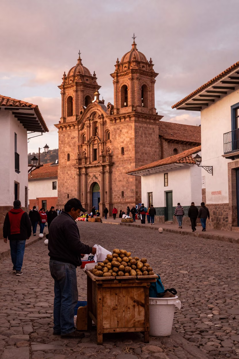 Candid Street Scene in Cusco Peru Before Dusk with Local Market Activity in in Cusco, Peru