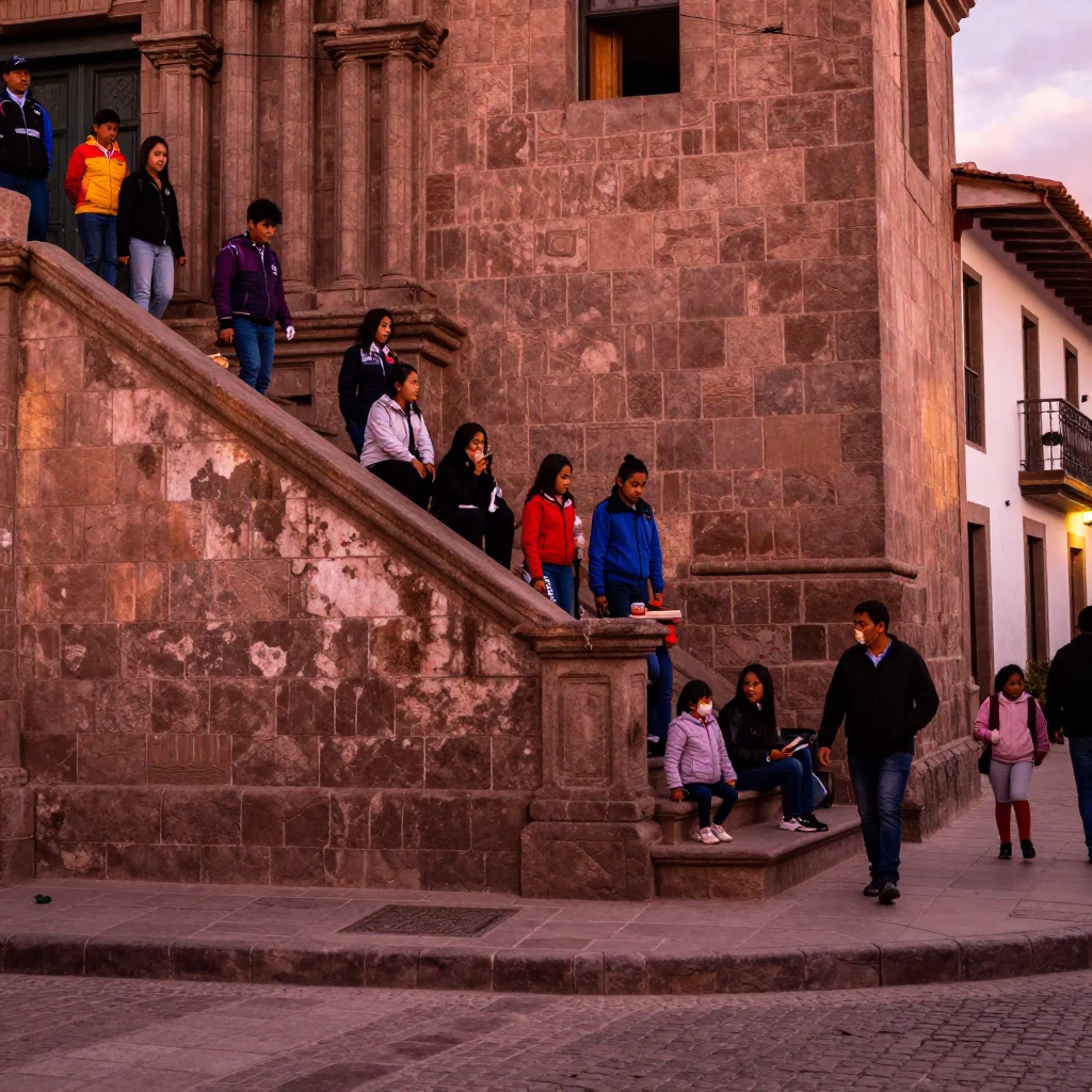 Candid Street Scene in Cusco Peru Before Dusk with School Staircase and Local Life in in Cusco, Peru