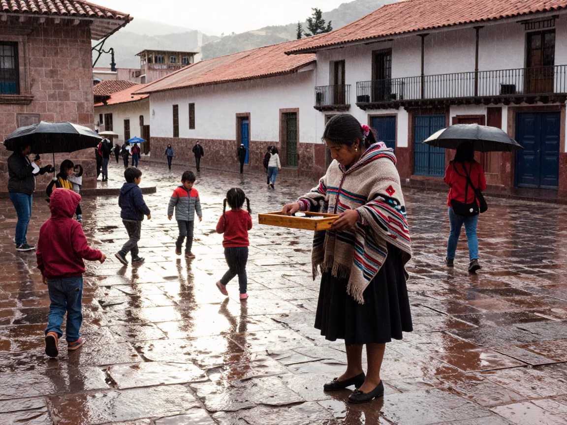Candid Street Scene in Cusco Peru Early Afternoon with Preschool Rain Boot Tray in in Cusco, Peru