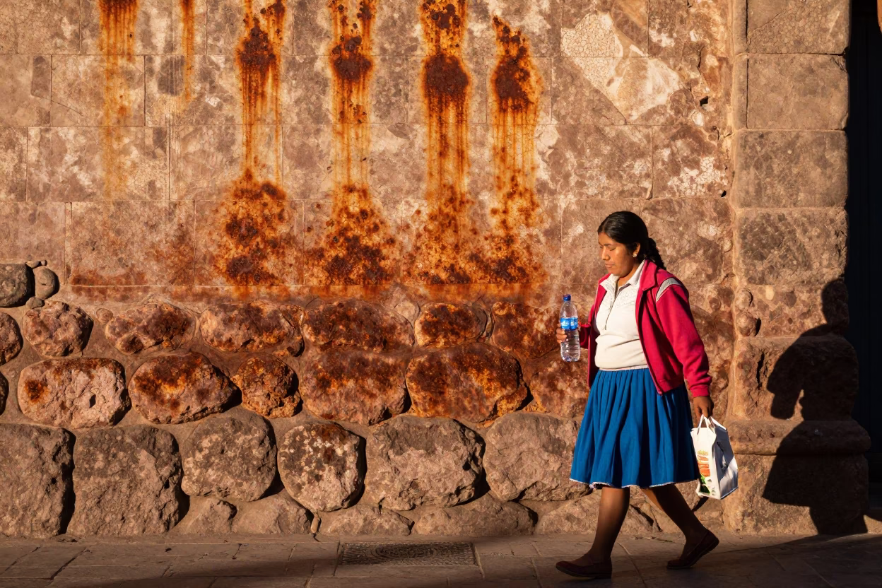 Candid Street Scene in Cusco Peru Late Afternoon with Rust and Local Details in in Cusco, Peru