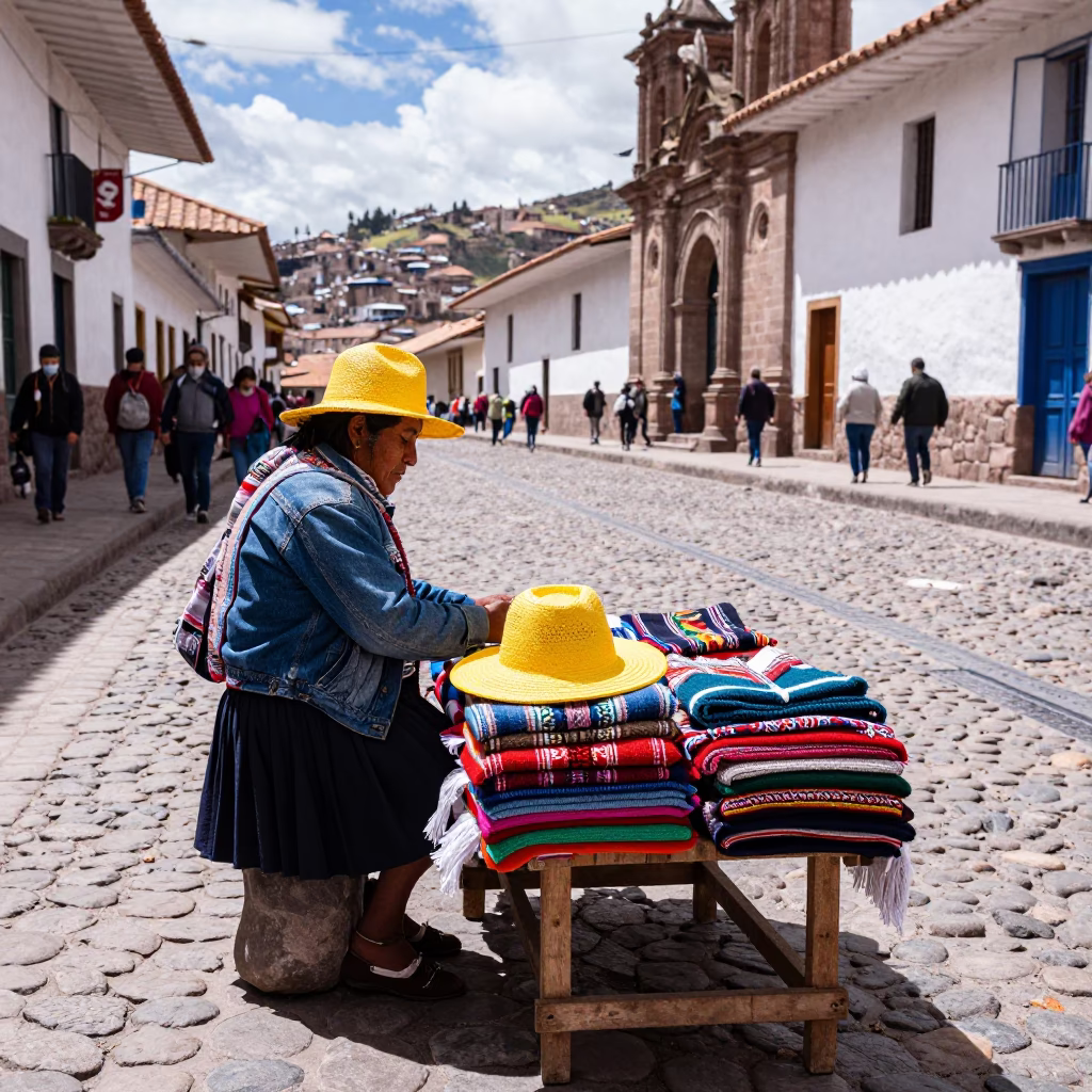 Candid Street Scene in Cusco Peru with Sun Hat and Stone Walls in in Cusco, Peru