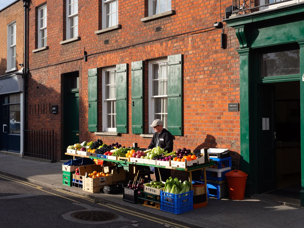 Candid Street Scene in Dublin Ireland Early Afternoon with Local Market Activity in in Dublin, Ireland
