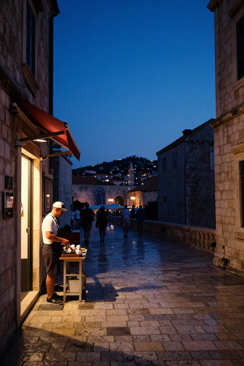 Candid Street Scene in Dubrovnik Croatia During Indigo Twilight with Local Interaction in in Dubrovnik, Croatia