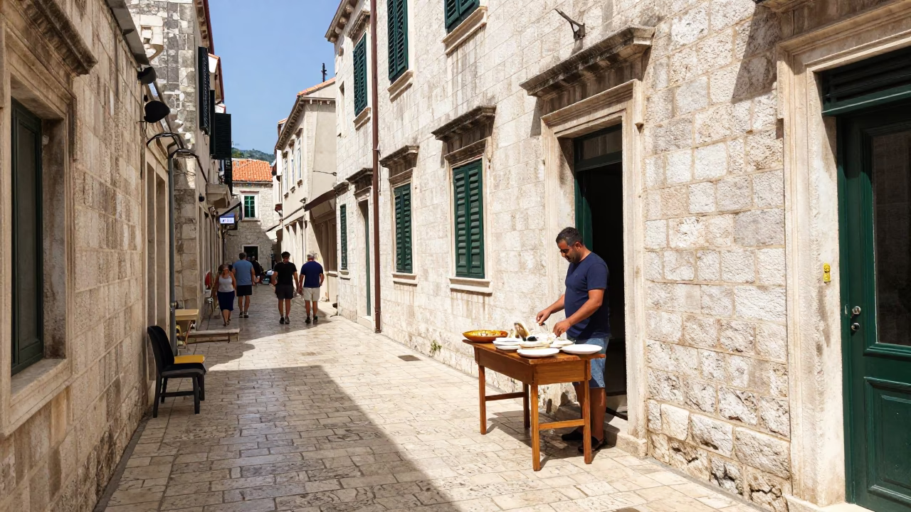 Candid Street Scene in Dubrovnik Croatia Noon Light with Local Food and Wicker Shadows in in Dubrovnik, Croatia