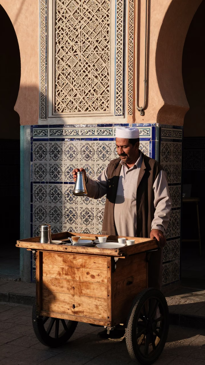 Candid Street Scene in Fez Morocco with Local Vendor and Coffee Tin in in Fez, Morocco