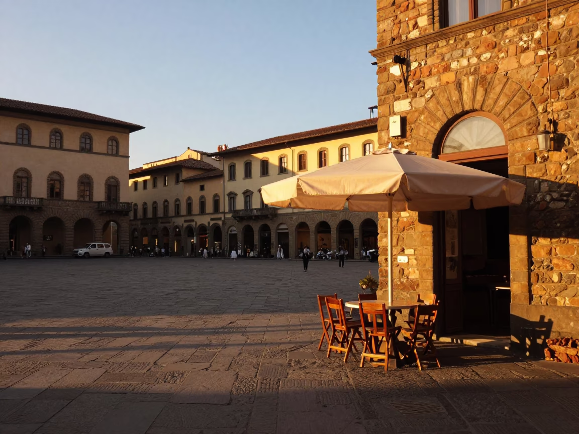 Candid Street Scene in Florence Italy at Sunset with Umbrella Stand and Glass Tumbler in in Florence, Italy