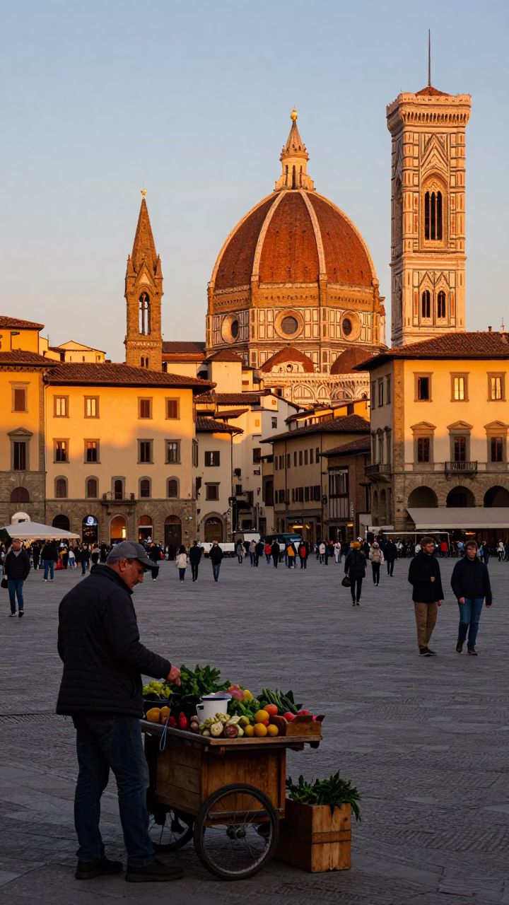 Candid Street Scene in Florence Italy Copper Light Before Dusk with Local Market Activity in in Florence, Italy