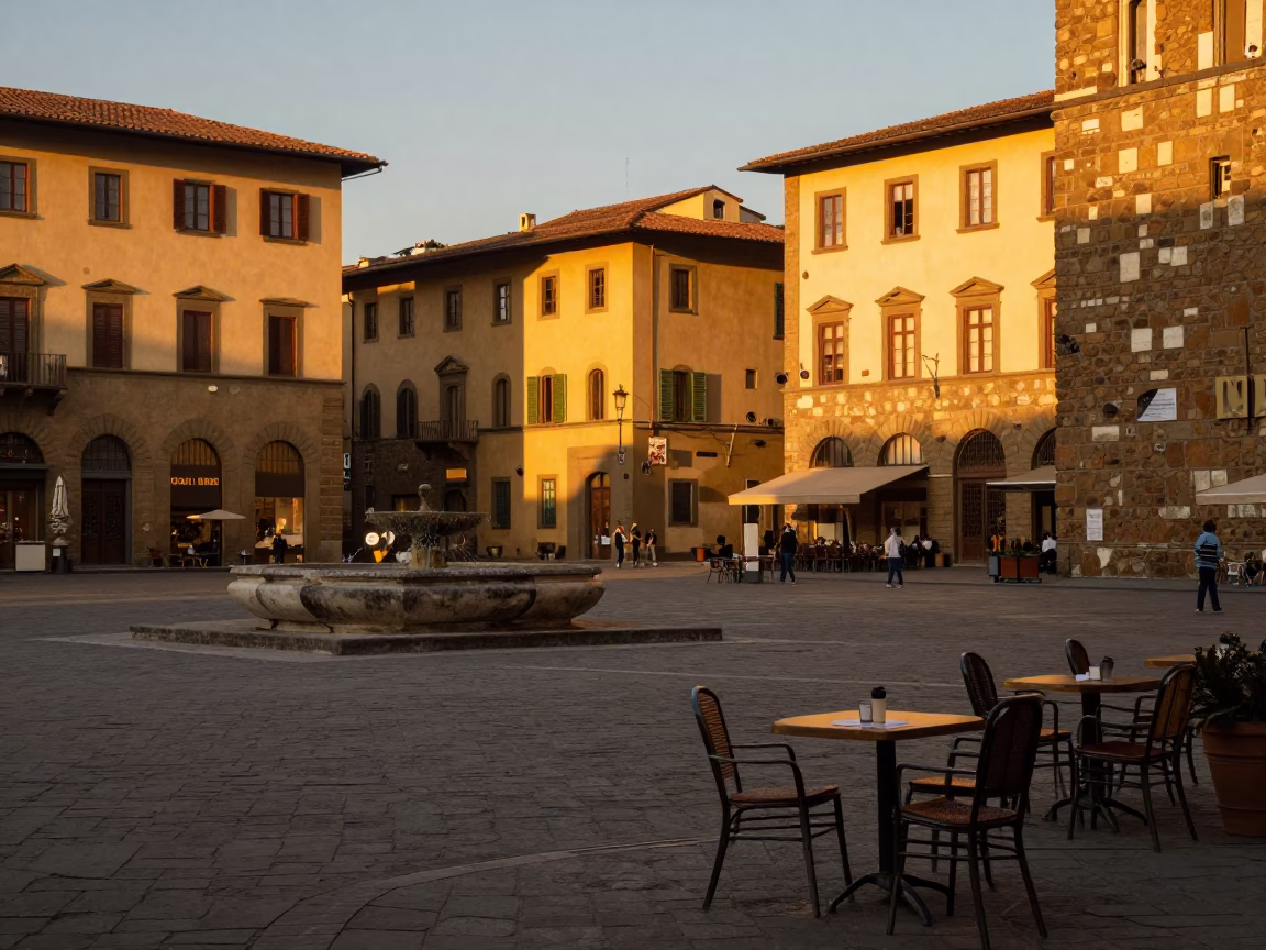 Candid Street Scene in Florence Italy Evening Light with Cafe Table and Local Interaction in in Florence, Italy