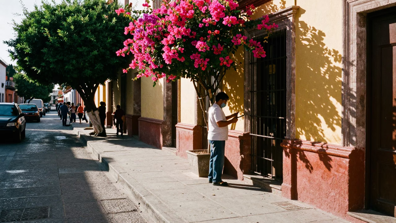 Candid Street Scene in Guadalajara Mexico Early Afternoon with Flowering Plant and Local Interaction in in Guadalajara, Mexico