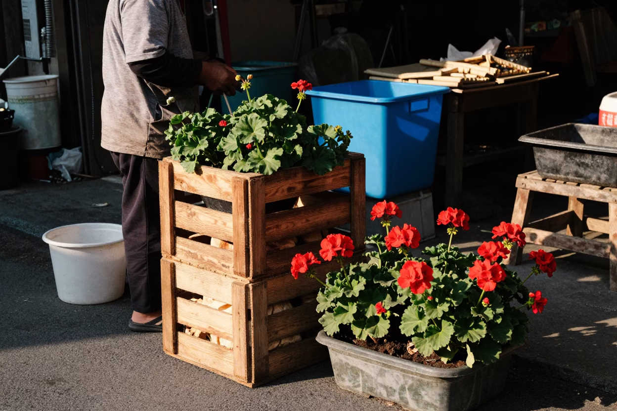 Candid street scene in Kaohsiung Taiwan with wooden crate and geraniums in in Kaohsiung, Taiwan