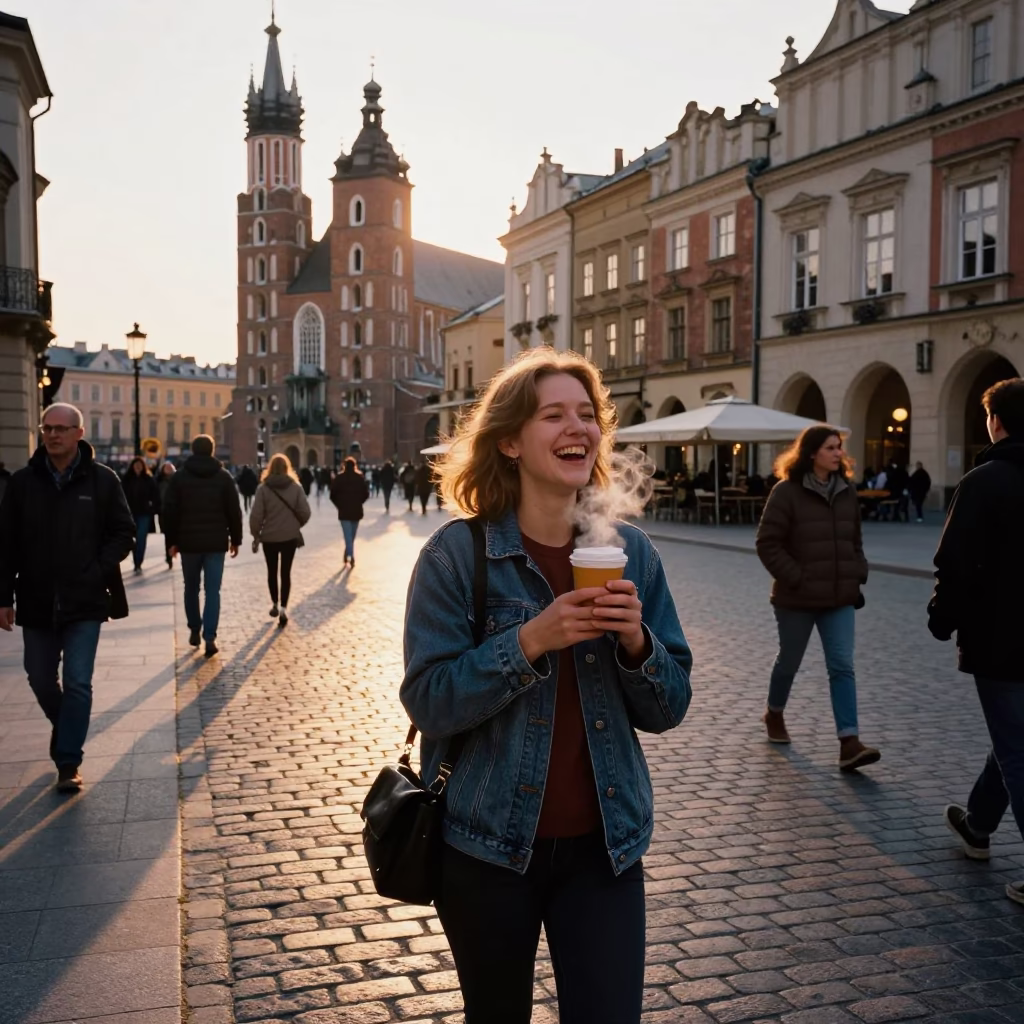 Candid Street Scene in Krakow Poland Honeyed Evening Light with Traditional Architecture in in Krakow, Poland