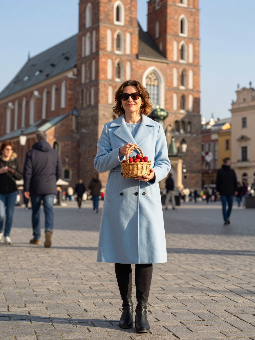 Candid Street Scene in Krakow Poland Late Afternoon Light with Strawberries and Wicker Basket in in Krakow, Poland