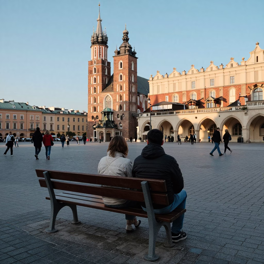Candid Street Scene in Krakow Poland Late Afternoon Light with Tourist and Local Interaction in in Krakow, Poland