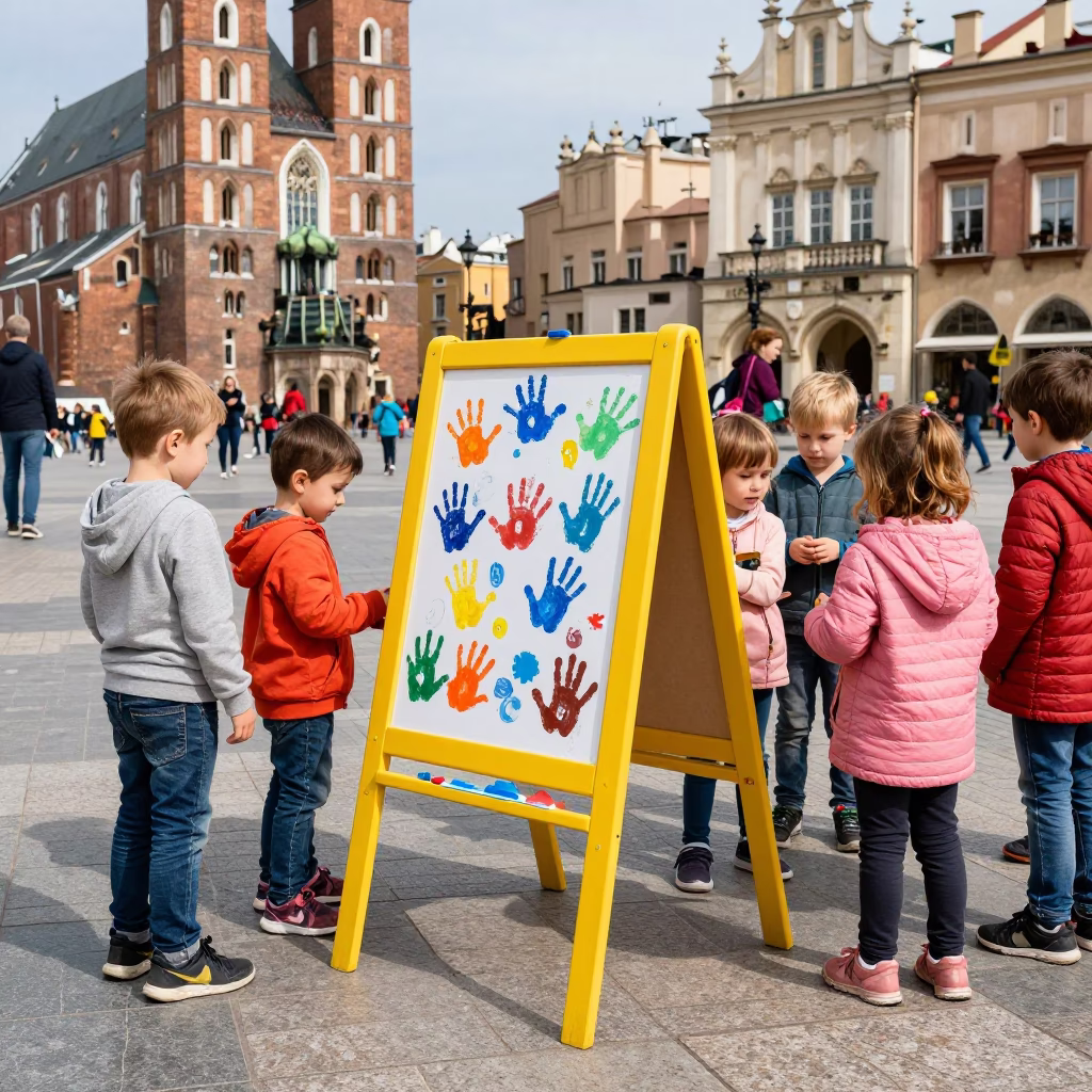 Candid Street Scene in Krakow Poland Midday with Preschool Easel and Tempera Art in in Krakow, Poland