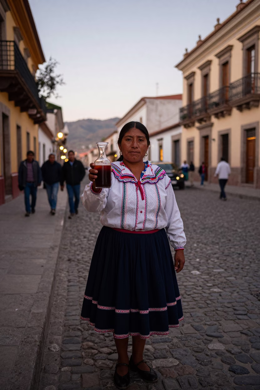 Candid Street Scene in La Paz Bolivia Early Evening with Carafe and Leaf Shadows in in La Paz, Bolivia