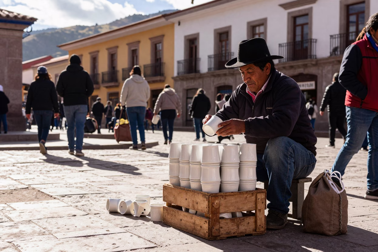 Candid street scene in La Paz Bolivia with ceramic cup and drying towels in in La Paz, Bolivia